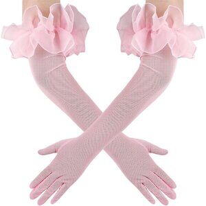 Women's Long Pink Ruffle Puff Cuff Sleeve Mesh Gloves Wedding Party Costume